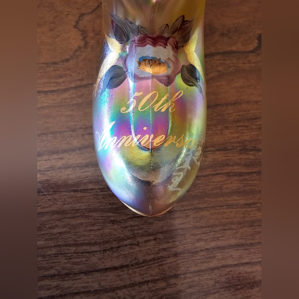 Fenton 50th Anniversary Amber Carnival Iridescent Glass Art with Floral Design